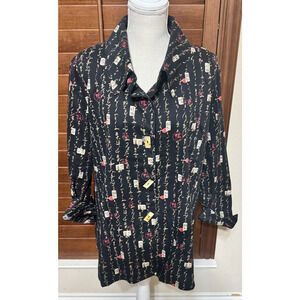 Allie Coosh Shirt Jacket Womens M Black button up Asian lettering Lagenlook